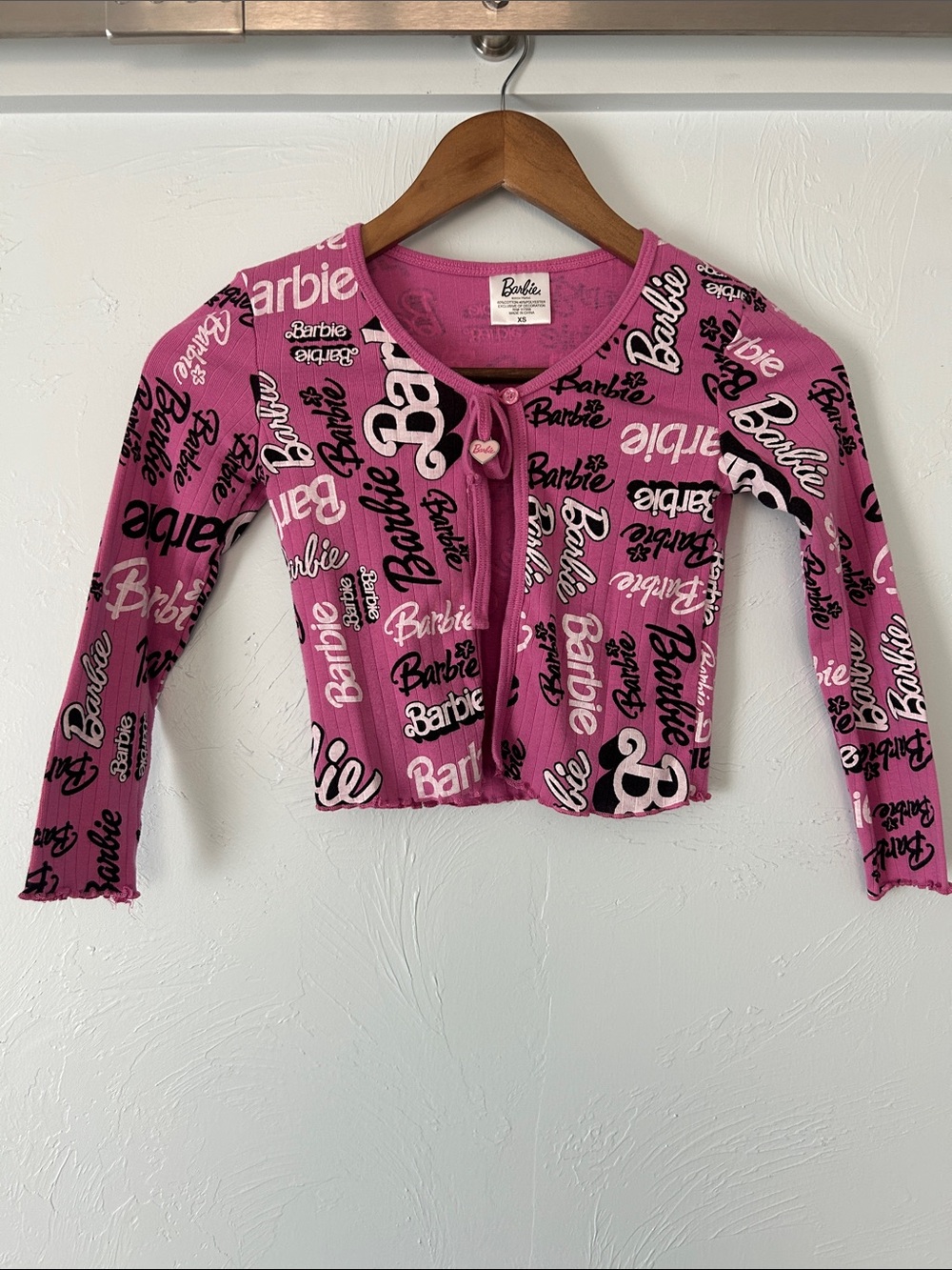 Barbie Pink Logo Tie-Front Long Sleeve Cardigan - Kids